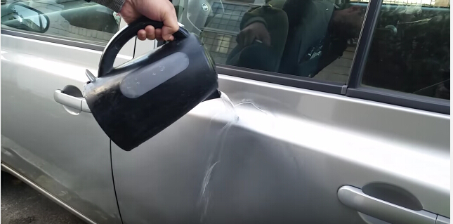 Remove car dent by boiling water and plunger