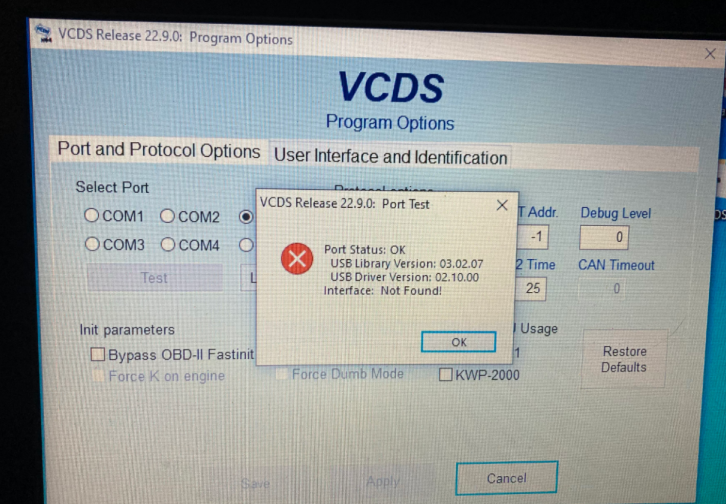How to solve the problem “Interface :Not Found!” for VAG COM VCDS HEX V2?