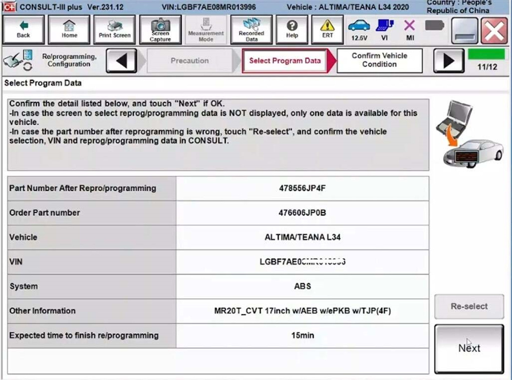 Programming a 2020 Nissan TEANA ABS Module with VNCI RNM and Nissan Consult III Plus Software