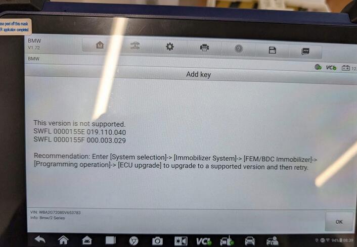 Solution for Autel IM608 BMW FEM/BDC SWFL “Version Not Supported” Error